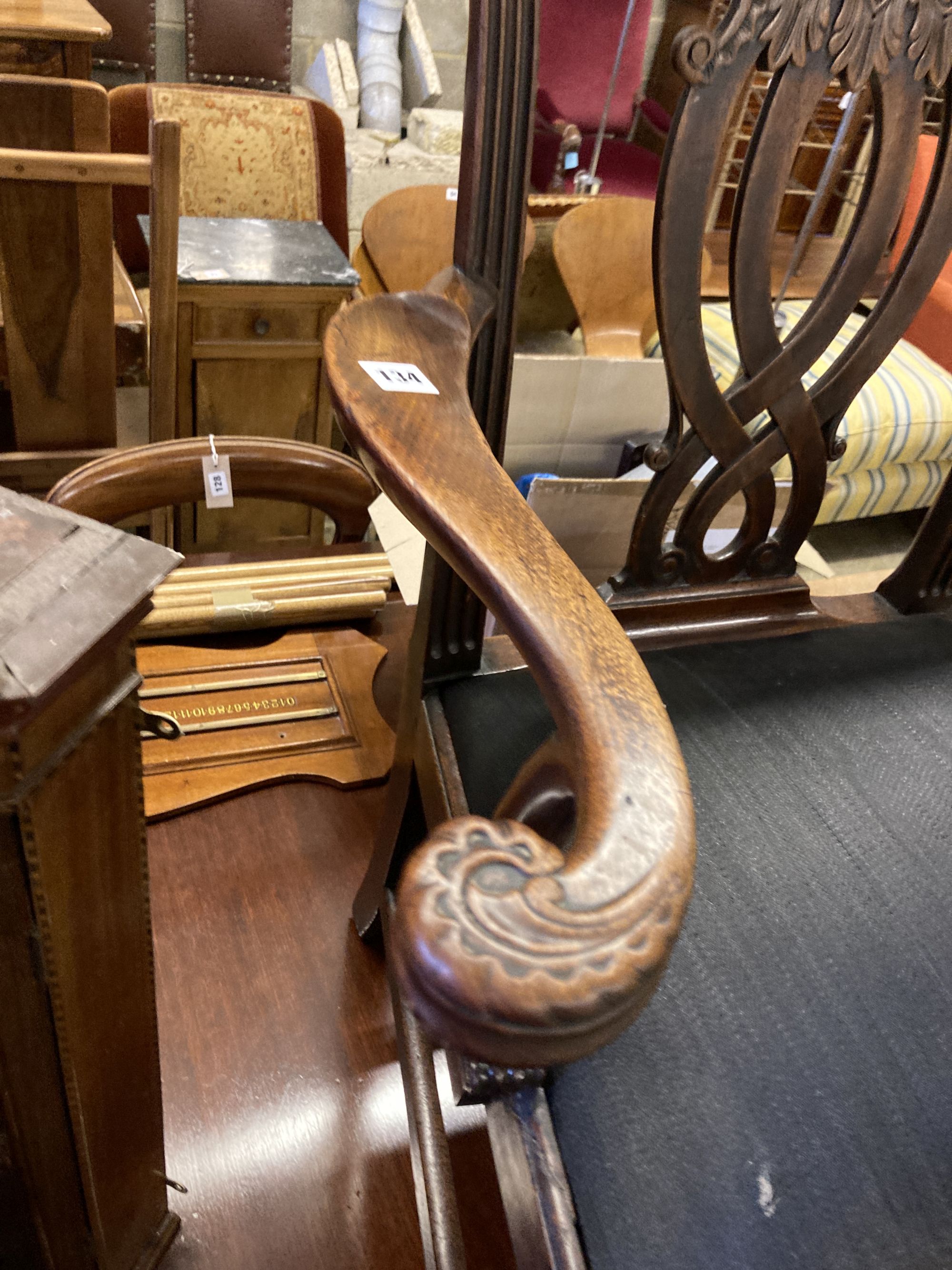 A George III mahogany elbow chair with horsehair drop in seat, width 76cm, depth 50cm, height 93cm